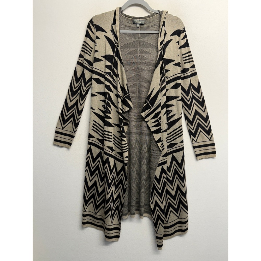 Neiman Marcus Womens Aztec Tribal Hooded Open Front Cardigan Tan Black S